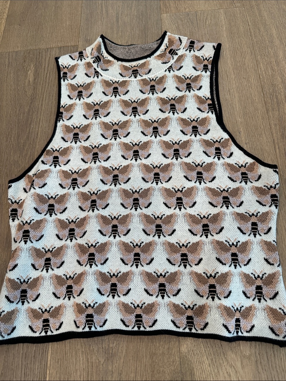 Maeve Cream and Brown Bee Pattern Knit Sweater Vest